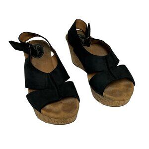 Clarks Artisan Cork Wedge Platform Sandals Women's Size 9.5M Black Leather Strap